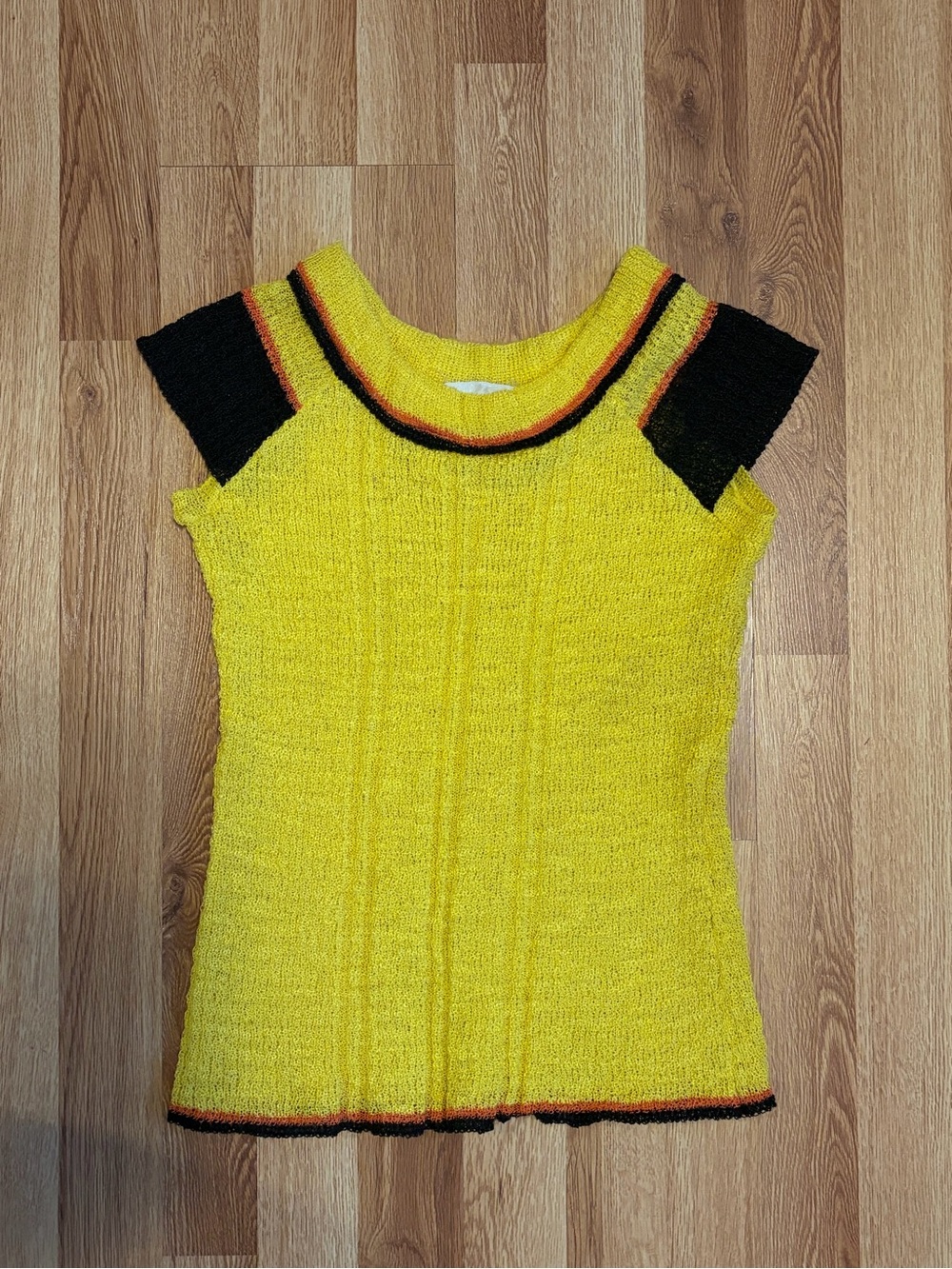 Yellow Knit Cap-Sleeve Top with Black Accents